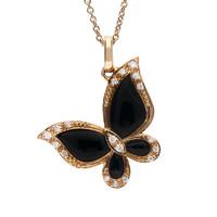 18ct Rose Gold Whitby Jet 0.08 Carat Diamond Butterfly Necklace