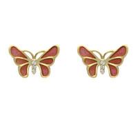 18ct Yellow Gold Diamond Red Enamel House Style Butterfly Stud Earrings