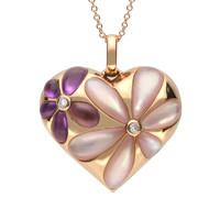 18ct Rose Gold Mother of Pearl Diamond Amethyst Heart Flower Necklace
