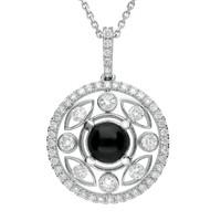 18ct White Gold Whitby Jet And Diamond Surround Round Necklace