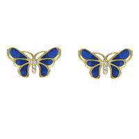 18ct Yellow Gold Diamond Blue Enamel House Style Butterfly Stud Earrings