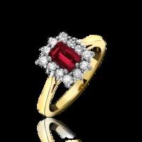 18ct Yellow and White Gold 0.74ct Ruby 0.37ct Diamond Emerald Cut Cluster Claw Set Ring