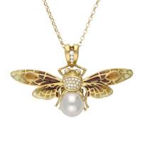 18ct Yellow Gold Pearl Diamond Enamel House Style Moth Necklace