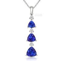 18ct white gold tanzanite and diamond three stone trilliant cut neckla ...