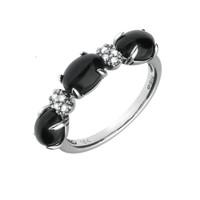 18ct White Gold Whitby Jet 0.08ct Diamond 3 Stone Oval Ring