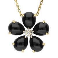 18ct Yellow Gold Whitby Jet 0.13ct Diamond Flower Necklace