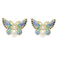 18ct Yellow Gold Diamond Pearl Enamel House Style Butterfly Stud Earrings