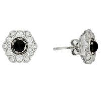 18ct White Gold Diamond and Whitby Jet Flower Shape Stud Earrings