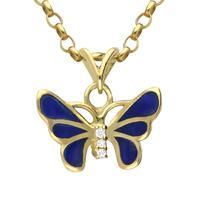 18ct Yellow Gold Diamond Blue Enamel House Style Butterfly Necklace