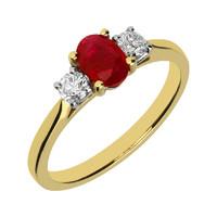 18ct yellow white gold 058ct ruby 023ct diamond trilogy ring