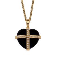 18ct Yellow Gold Whitby Jet 0.20ct Diamond Size M Cross Heart Necklace