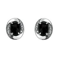 18ct White Gold Whitby Jet 0.11ct Diamond Oval Half Pave Earrings