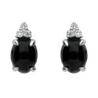 18ct White Gold Whitby Jet and Diamond 3 Stone Top Oval Stud Earrings
