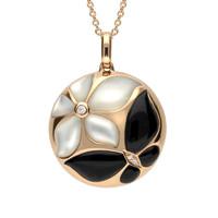 18ct Rose Gold Whitby Jet And Diamond Round Two Flower Necklace.