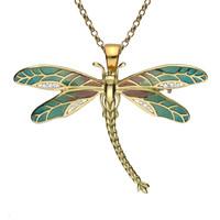 18ct Yellow Gold Diamond Enamel House Style Dragonfly Brooch Necklace