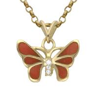18ct Yellow Gold Diamond Red Enamel House Style Butterfly Necklace