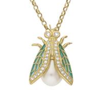 18ct Yellow Gold Pearl Diamond Enamel House Style Fly Necklace