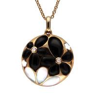 18ct Rose Gold Whitby Jet 0.01 Carat Diamond Flower Circle Pendant