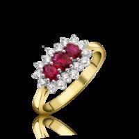 18ct Yellow and White Gold 3X 0.83ct Oval Cut Ruby 0.28ct Diamond Claw Set Cluster Ring