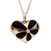18ct Rose Gold Whitby Jet Diamond Flower Heart Necklace