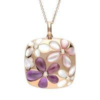 18ct Rose Gold Mother of Pearl Diamond Amethyst Flower Cushion Necklace