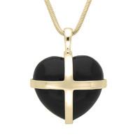 18ct Yellow Gold Whitby Jet Small Cross Heart Necklace