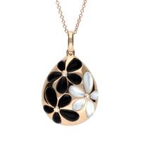 18ct Rose Gold Whitby Jet Mother of Pearl Diamond Flower Pear Necklace