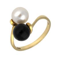 18CT YELLOW GOLD WHITBY JET PEARL DOUBLE BEAD TWIST RING