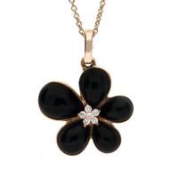 18ct Rose Gold Whitby Jet 0.03ct Diamond Large Flower Necklace