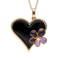18ct Rose Gold Whitby Jet Diamond Amethyst Flower Heart Necklace