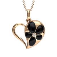 18ct Rose Gold Whitby Jet Diamond Flower Open Heart Necklace