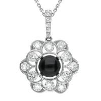 18ct White Gold Whitby Jet 0.89ct Diamond Flower Necklace