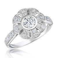 18ct White Gold Vintage 0.56ct Cut-out Flower Cluster Diamond Shoulders Ring VR13(4.0)