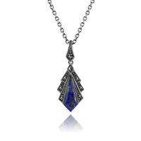 1ct Lapis Lazuli & Marcasite Art Deco Necklace in 925 Sterling Silver