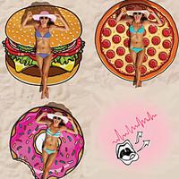 1Pcs 150150Cm Round Donut Gigantic New Beach Towel Hamburger Pop Shawls Blanket Printed Shower Mat Pizza Hot Fashion