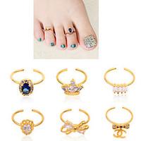 1pcs Bow Crown Rhinestone Diamond Toe Nail Rings Gold Alloy Elegant Women Nail Jewelry Decoration Tools