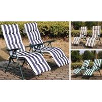 2 reclining outdoor lounger chairs in blue and white