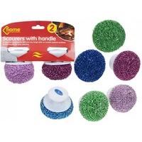 2 Colourful Heavy Duty Metallic Scourers With Plastic Handles