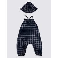 2 Piece Pure Cotton Checked Romper & Hat Outfit