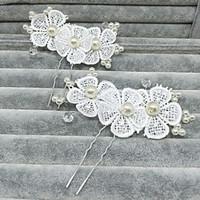 2 Pieces White Lace Flower Alloy Imitation Pearl Headpiece-Wedding Special Occasion Casual Outdoor Hair Clip Hair Pin Hair Stick Hair Tool