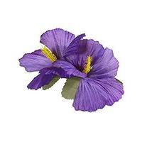 2 Purple Hibiscus Flowers Hair Clips Accessory For Tropical Hawiian Fancy Dress