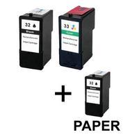 2 x Black Lexmark No. 32 and 1 x Colour Lexmark No. 33 (Lexmark Remanufactured Ink) + 1 Free Paper