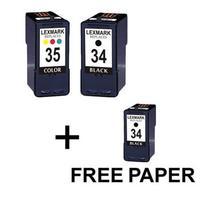 2 x Black Lexmark No. 34 and 1 x Colour Lexmark No. 35 (Lexmark Remanufactured Ink) + 1 Free Paper