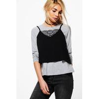 2 in 1 lace detail cami tee grey marl