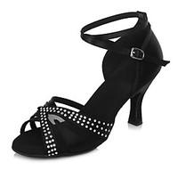 2017 Brand Modern Customizable Women\'s Dance Shoes Heeled shoes Latin Sandals Satin Black Stitching Mesh Crystal Diamond