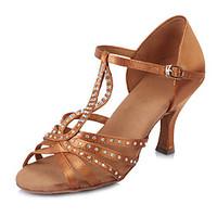 2017 Brand Modern Customizable Women\'s Dance Shoes Heeled shoes Latin Sandals Satin Darkbrown Crystal Diamond
