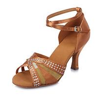 2017 Brand Modern Customizable Women\'s Dance Shoes Heeled shoes Latin Sandals Satin Darkbrown Stitching Mesh Crystal Diamond