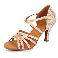 2017 Brand Modern Customizable Women\'s Dance Shoes Heeled shoes Latin Sandals Satin Material LightBrown Stitching Crystal Diamond