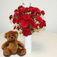 20 Red & Gold Carnations Vase + Cuddly Bear