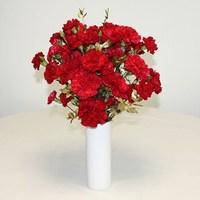 20 Red Carnations with Gold Foliage + White Ceramic Vase